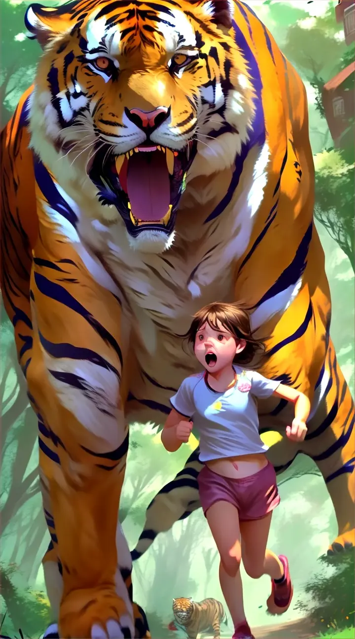 a girl running towards a large tiger in the woods