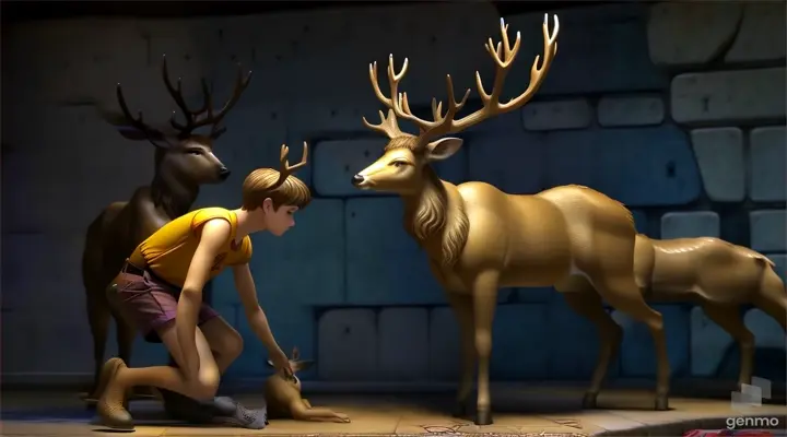 a boy kneeling down next to a fake deer