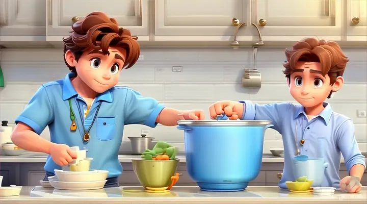 two boys standing next to each other in a kitchen