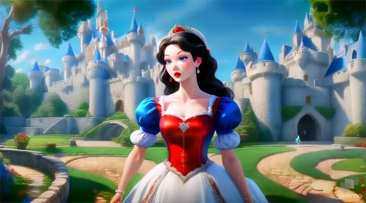 a cute princess snow white with large blue eyes in a dress standing in front of a castle