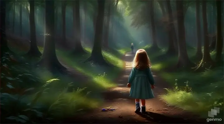 a little girl walking down a path in the woods