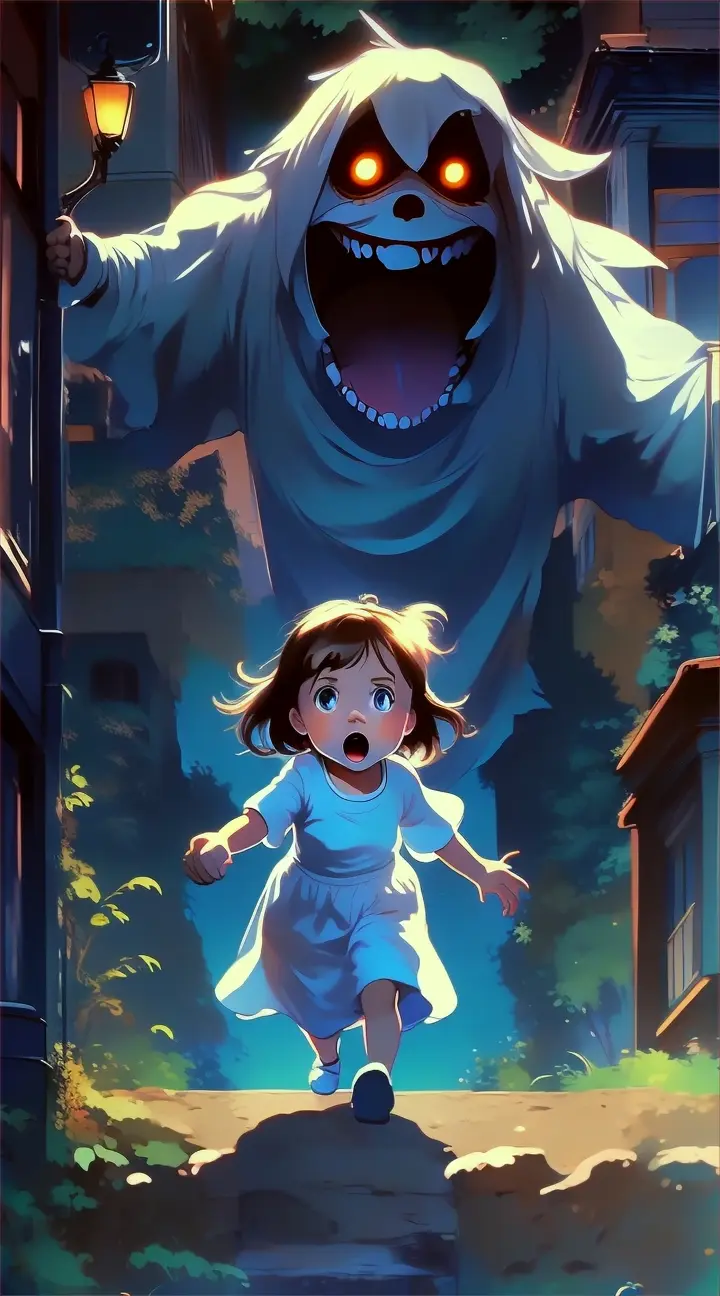 a little girl running away from ghost