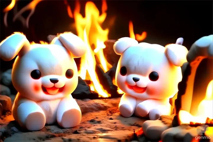 a couple of small white bears sitting next to a fire