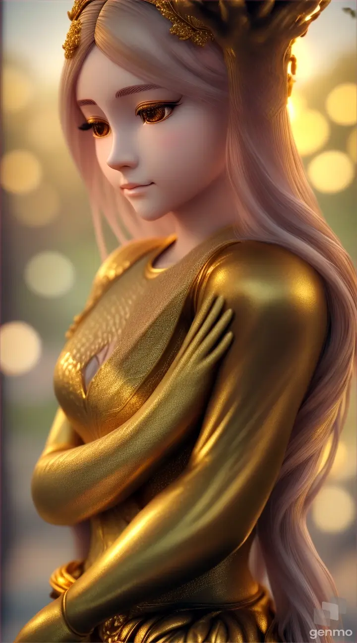 an animated golden statue of girl in hugging position