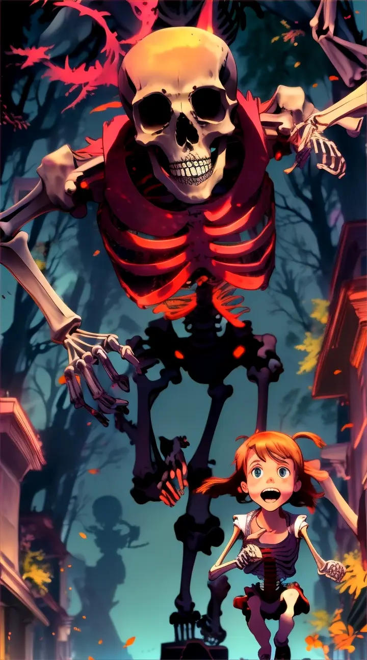 a skeleton with a girl running in front of it