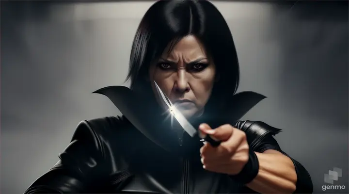 A 50-year-old woman with an angry face, black hair, holding a knife and attacking, realistic