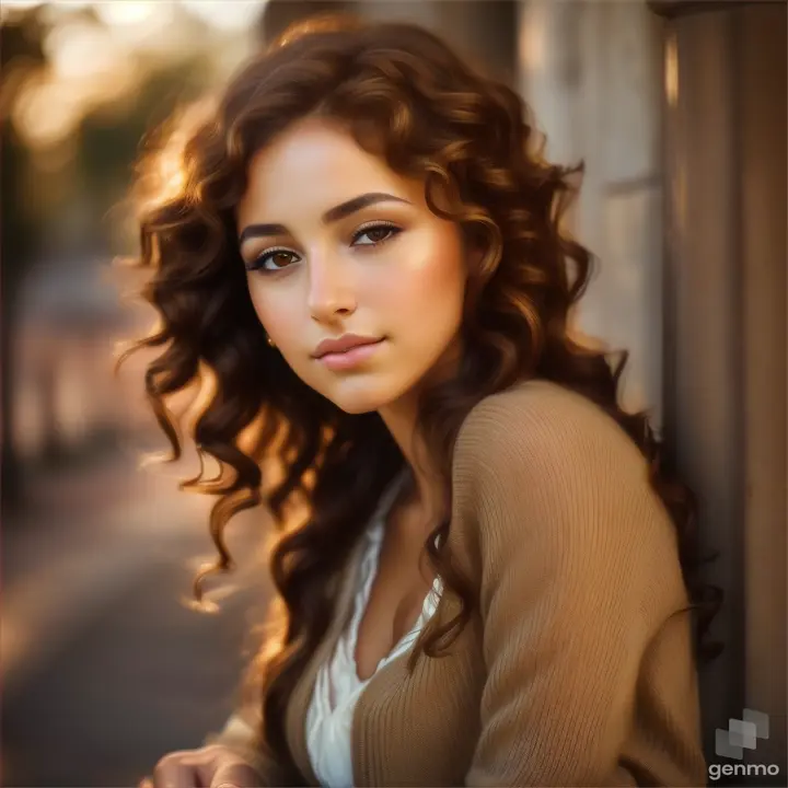 A beautiful European young woman opens her eyes and closes her eyelids. The girl blinks slowly. Curly brunette hair on her head, golden skin on her face.