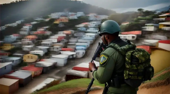 
Black police man, robust, camouflage uniform, with his back to the camera, climbing the hill of the favela, Brazil, realistic