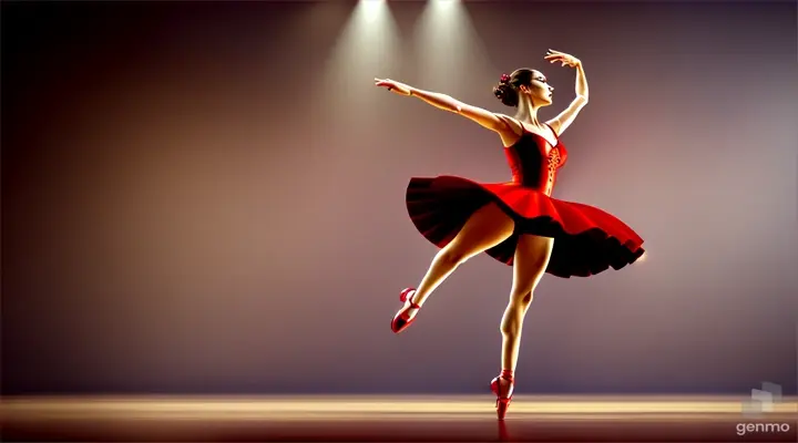 A ballerina dressed as Carmen dances the Spanish dance of castanets and big jumps over the stage. General plan