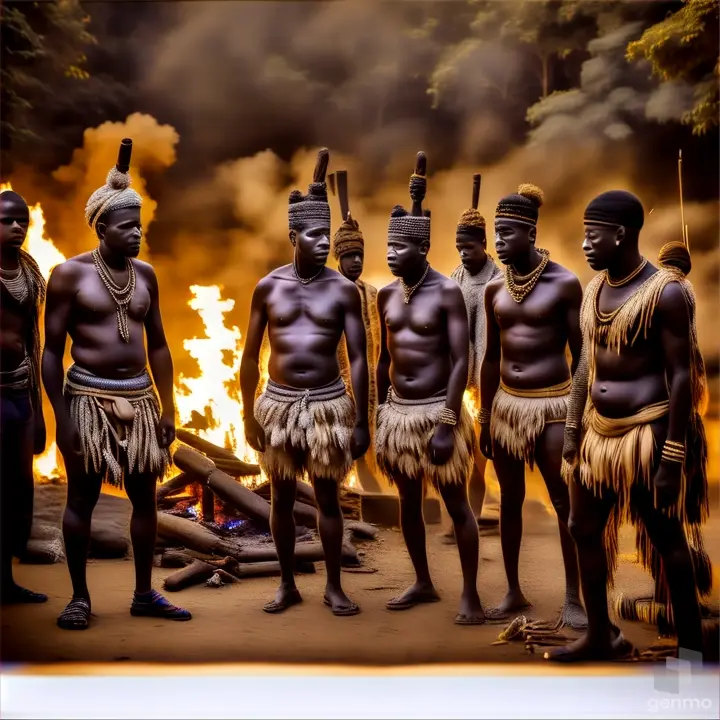 a group of men standing next to each other in front of a fire