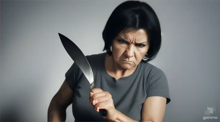 A 50-year-old woman with an angry face, black hair, wears a gray t-shirt, holding a knife and attacking, realistic