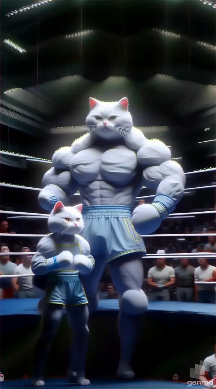 a cat standing next to a stuffed animal in a boxing ring