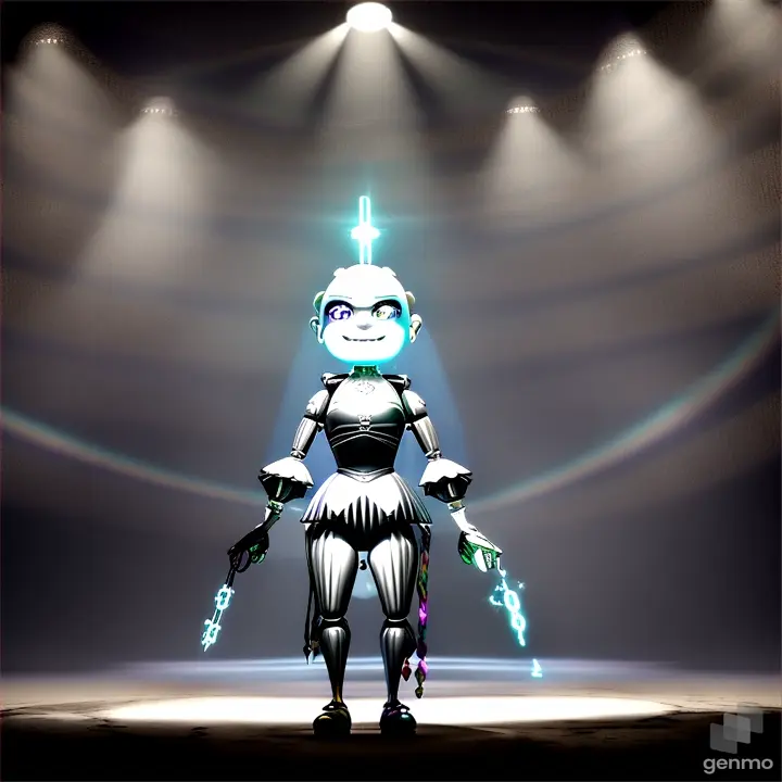 uma figura espectral ao fundo na câmera de FNAF Roblox - era Chica, com seus olhos vazios e brilhantes 1:1