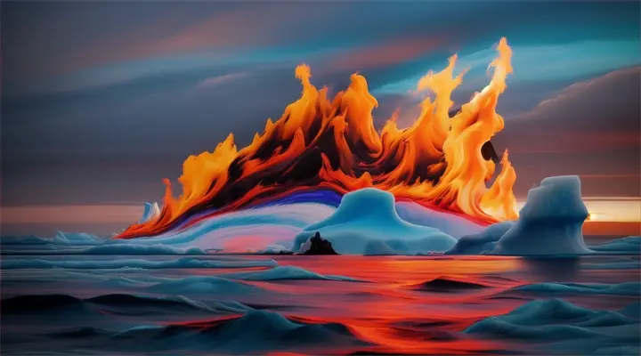 A surreal landscape of an iceberg burning with fiery abstract colors, set against a dark sky