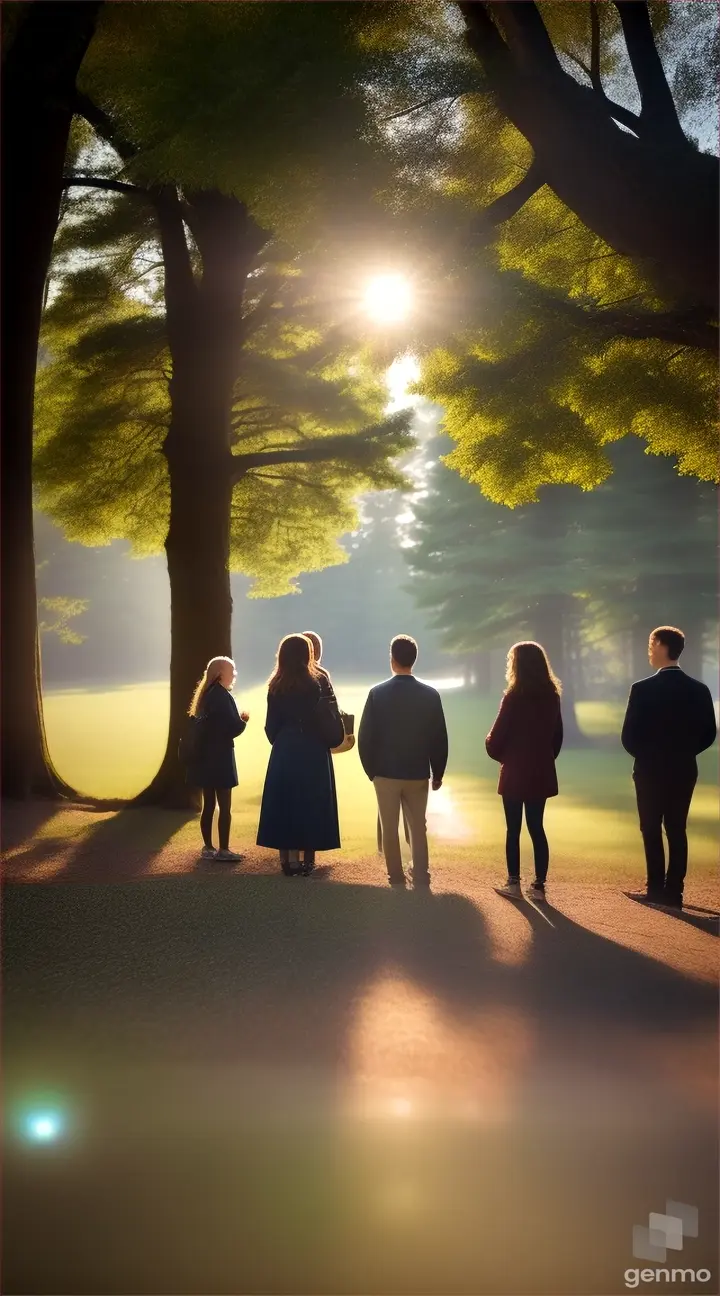 general shot of 5 people engaging in a genuine, mindful conversation in the outdoors