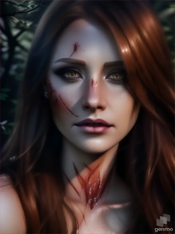 Full HD Realistic beautiful human face Alexis brown hair woman hurt cut on neck fake blood ,fear face open mouth is laying down in the woods at dark night”