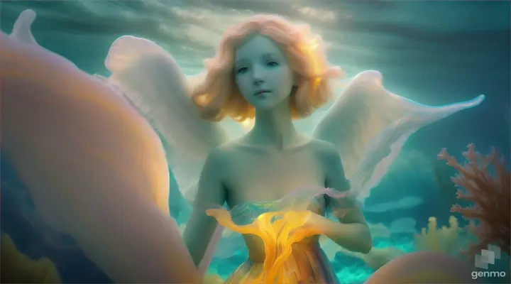 A glowing angelic figure in a surreal sea, surrounded by luminous sea creatures that light up the dark waters