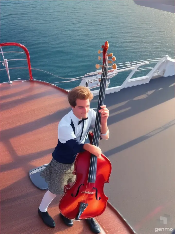 a young Bassist playing in a jazz band on the deck of a ship