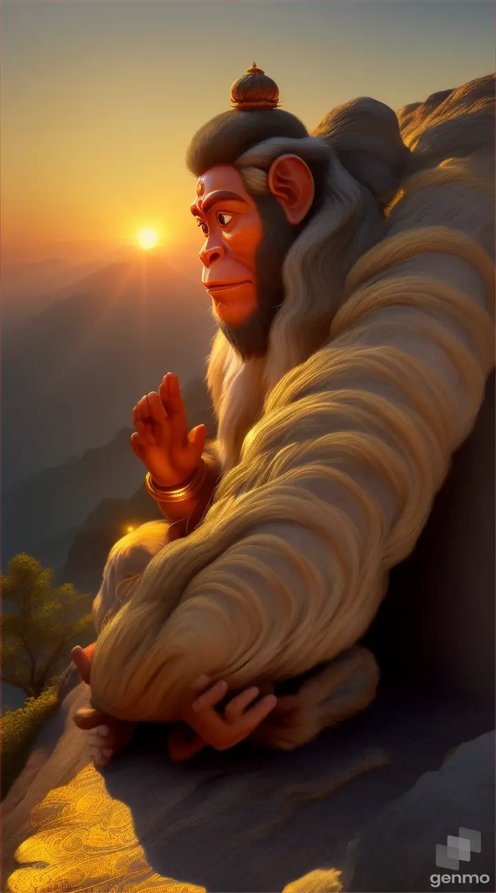 **Monkey Mind Tamed:**  Illustrate Hanuman in deep meditation atop a mountain, his tail gently curled around him.  Show mischievous monkeys playing at his feet, representing the restless thoughts he has overcome to achieve inner peace with golden cinematic rays effects in the background of God Hanuman 