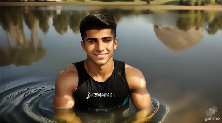 Young athletic man sitting at the edge of a clear lake, admiring his reflection in the still wateryoung athletic man, Kurdish nationality, handsome
 Tall, tanned, dressed in shorts and a T-shirt, he has dark hair, bright black eyes, sensual full lips, white teeth, and his smile is enchanting
 His Perfect Body His job as a beach lifeguard was more than just an activity;  it was his way of living and breathing in unison with the sea that he loved so much.