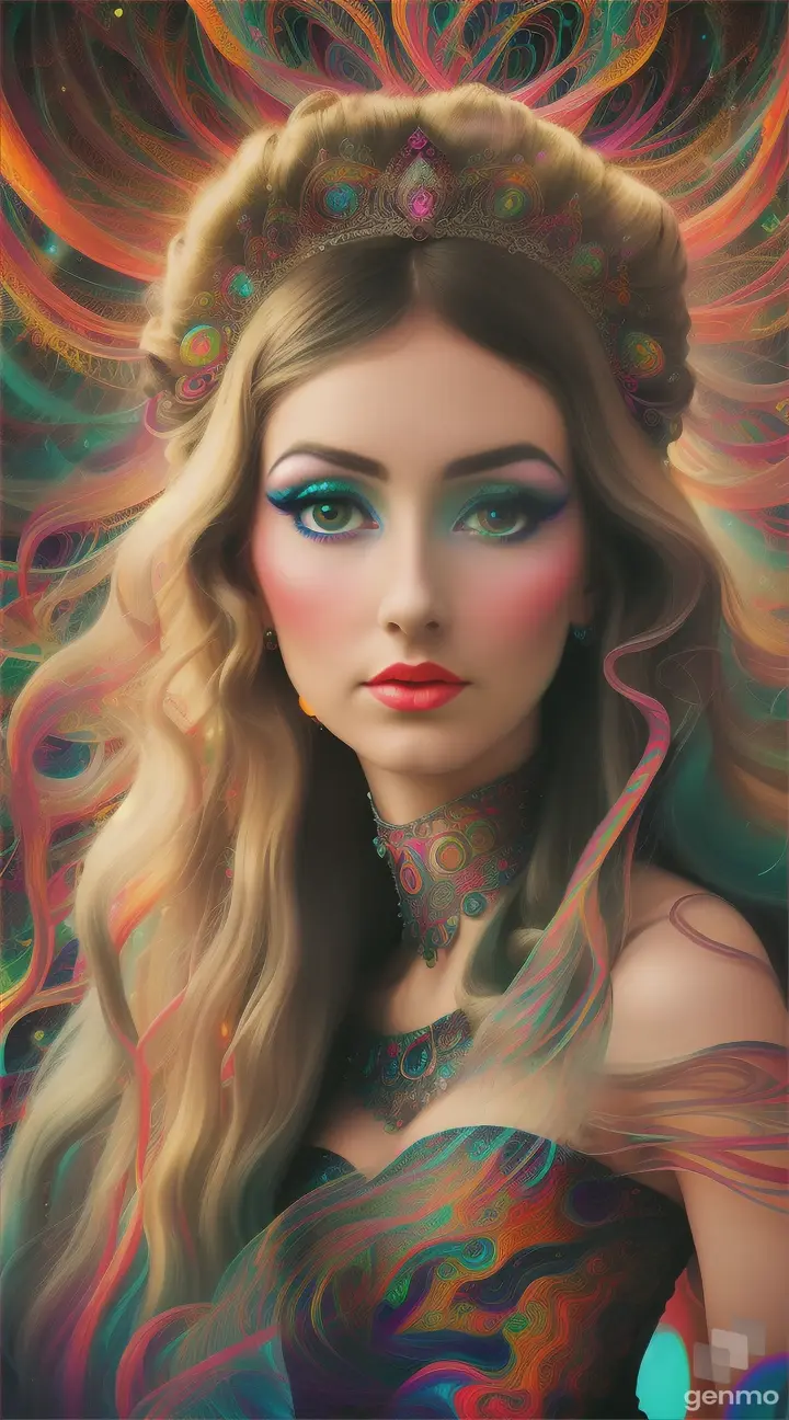 In this surreal symphony, we plunge into the depths of the subconscious, where reality melds with dreams in an entrancing tapestry of beauty and mystery. The young woman's portrait emerges as a gateway to a realm of ethereal reverie, where her cascading hair metamorphoses into tendrils of luminous light, weaving through the fabric of the universe.

Her eyes, a window to the soul, radiate with a luminescent allure, drawing the beholder into a trance of mesmerizing enchantment. The backdrop dissolves into a swirling cosmic dance, reminiscent of nebulae unfurling across celestial realms. Pastel tones mingle with bursts of vibrant energy, orchestrating a ballet of dynamic movement and otherworldly allure.

Light takes on a surreal essence, cascading from unseen celestial sources to cast intricate patterns of shadow and illumination that pirouette across the tableau. Shadows pirouette and morph, defying the laws of physics, adding to the enigma and wonder of the scene.

As one beholds this surreal masterpiece, they are transported beyond the bounds of time and space, where reality merges seamlessly with imagination. "Ethereal Reverie" beckons viewers to surrender to a world of infinite possibility, where beauty and transcendence entwine in a symphony of light and color, inviting exploration of the limitless horizons of the mind., painting, conceptual art, illustration