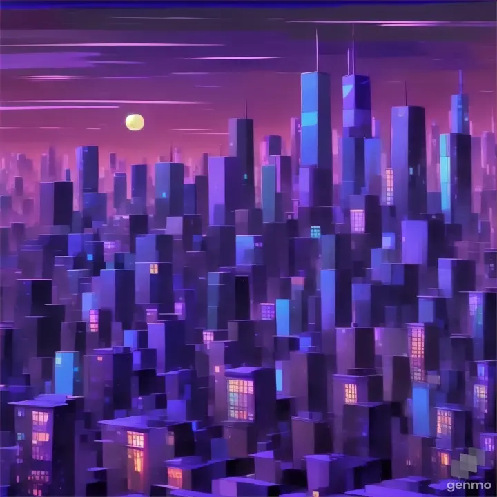 a painting of a city at night with a full moon. Flashing highlights and zoom