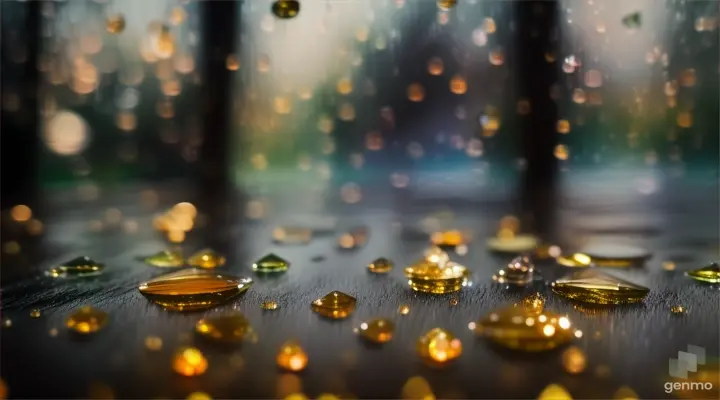 Raindrops turn to golden crystals upon hitting a witch's window, framed by crystal formations