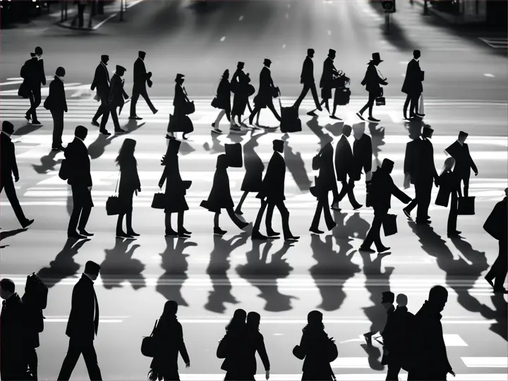 Faceless people walking down a street 