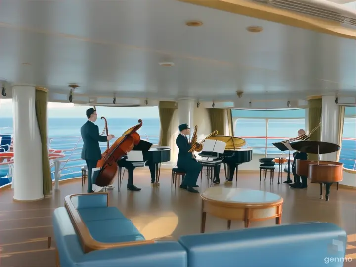 a jazz quintet with piano, bass and flute playing on a cruise ship