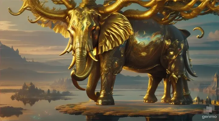 A golden elephant with shining antlers stands at the center of an aurum landscape of floating islands and mythical beings