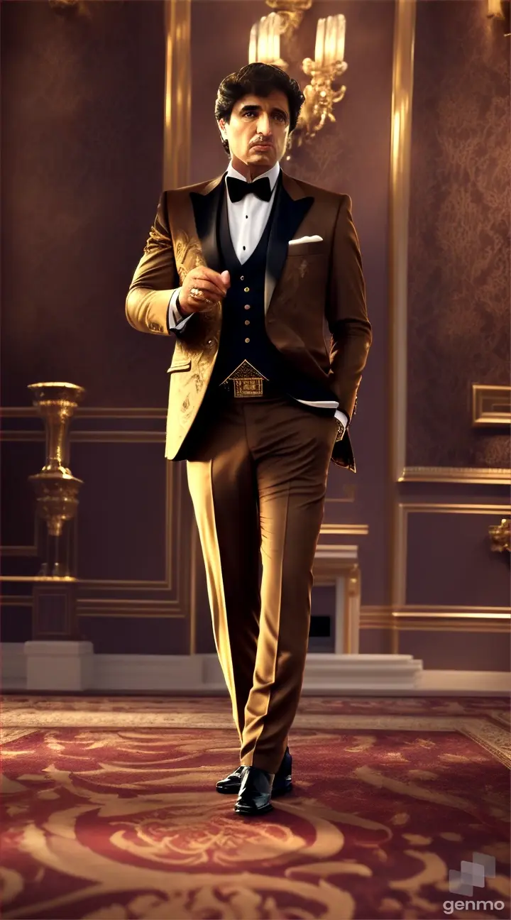 tony montana walking like a boss with cigar on front of luxury room background