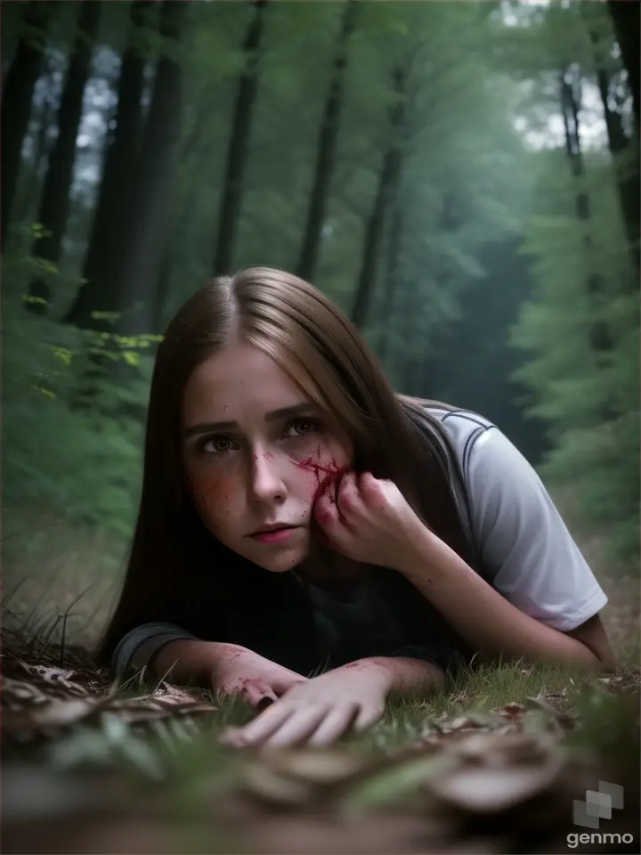 Full HD suspense, full body scene beautiful human face Alexis brown hair in casual clothes,hurt cut on neck fake blood ,motion crying fear face expressions, laying down crawling dynamic fear scene in the woods at dark night, moody ambiance, bokeh effect, beautiful composition, professional, high-quality, XT3, night, soft light, gorgeous, best quality Negative prompt 1: “ugly, deformed, noisy, bad quality, mutated, nsfw, blurry,”