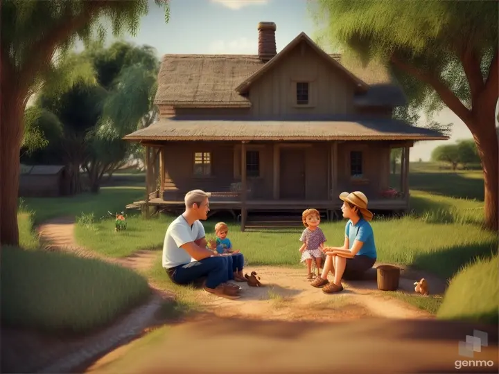 a happy family sitting on the dirt floor. In the background you can see a simple old wooden house. Simplicity. Disney 3d