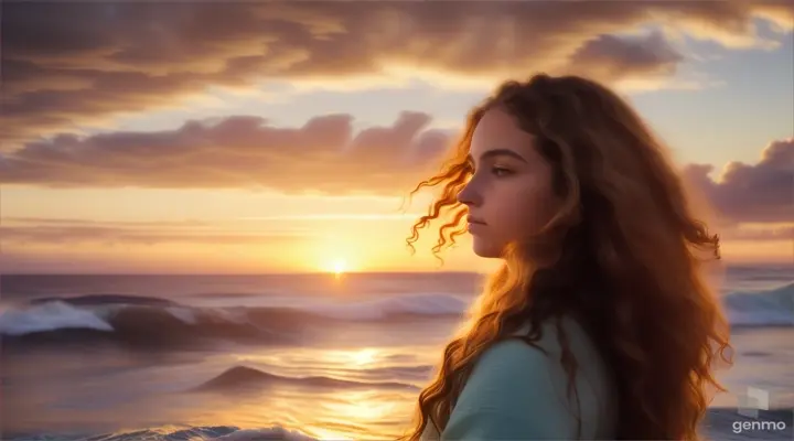 A girl with wavy hair standing in awe of a brilliant golden hour sky, waves crashing behind her