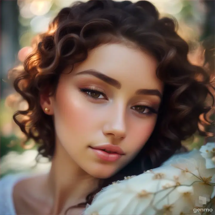 A beautiful European young woman opens her eyes and closes her eyelids. The girl blinks slowly. Curly brunette hair on her head.