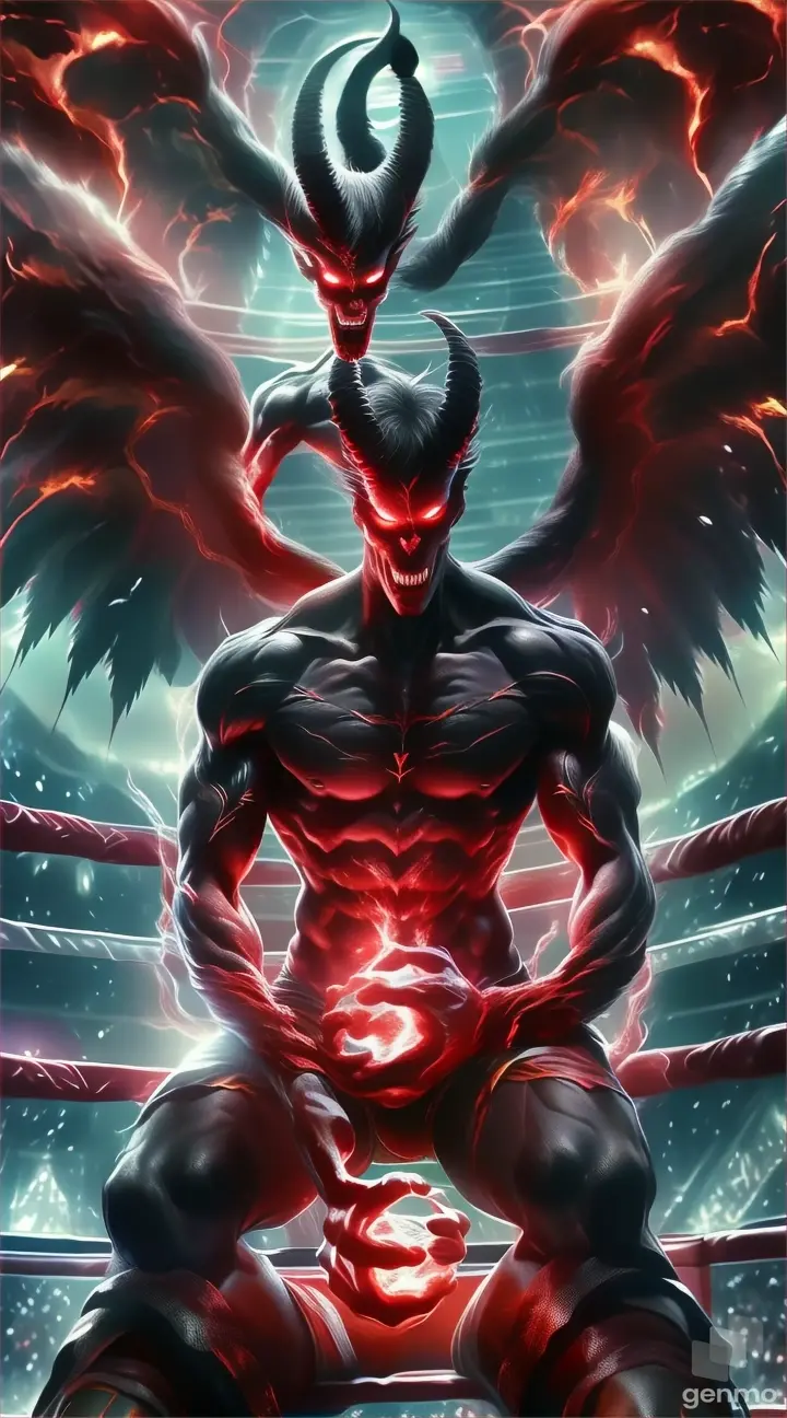 a poster of a demon sitting on a wrestling ring