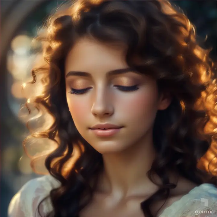 A beautiful European young woman opens her eyes and closes her eyelids. The girl blinks slowly. Curly brunette hair on her head.