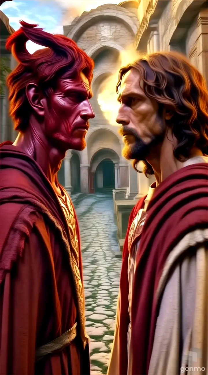 two men in red robes are facing each other