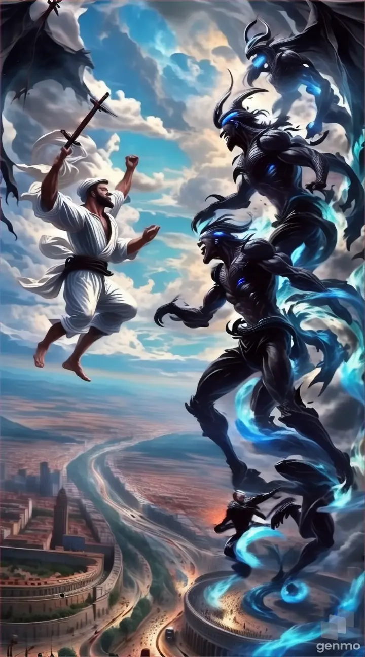 a painting of two men fighting over a city