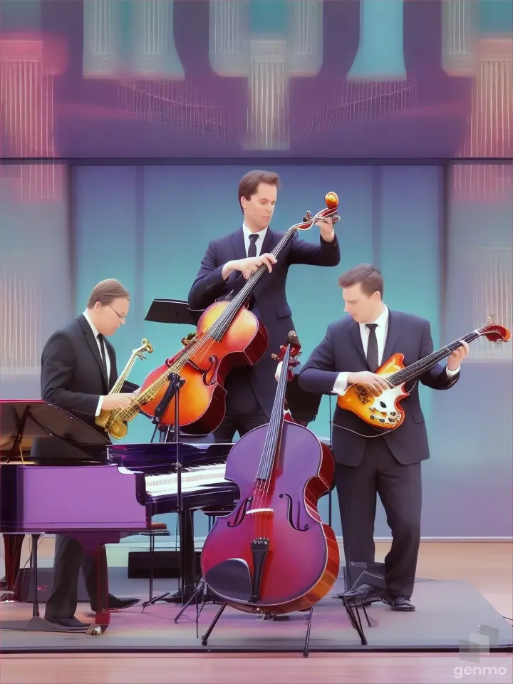 Jazz quartet , featuring a piano and electric bass guitar