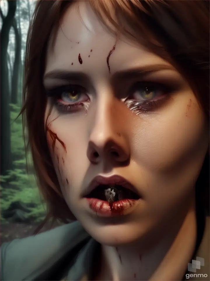 Full HD suspense,`Model: Realism` full body scene ,beautiful eyes, mouth, nose details brown hair ,in casual clothes, with a hurt cut on neck fake blood, ,crying shocked expressions, laying down crawling dynamic fear night scene in the woods at dark night