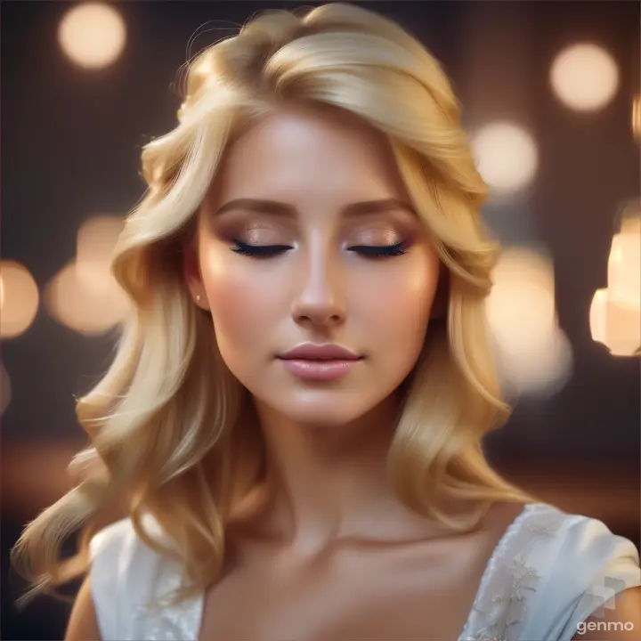 A beautiful European young woman opens her eyes and closes her eyelids. The girl blinks slowly. Blonde hair on her head.