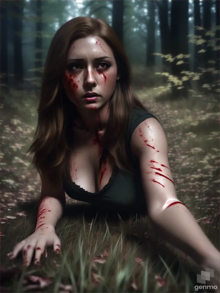 Full HD,`Model: Realism` full body scene ,beautiful face details brown hair ,in casual clothes, with a hurt cut on neck fake blood, ,crying shocked face expressions, laying down crawling dynamic fear night scene low light in the woods at dark night