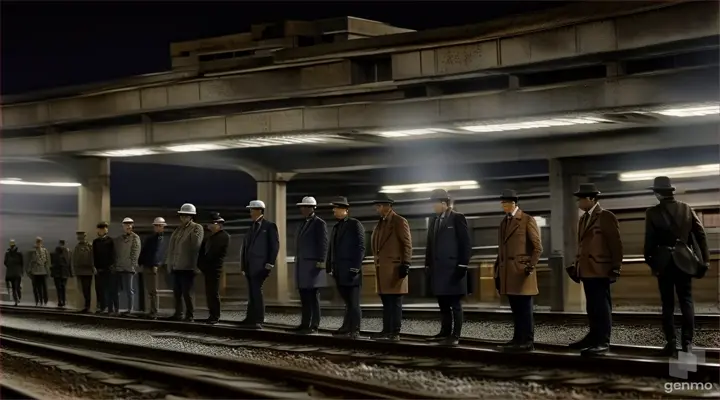 a group of men standing next to each other on train tracks