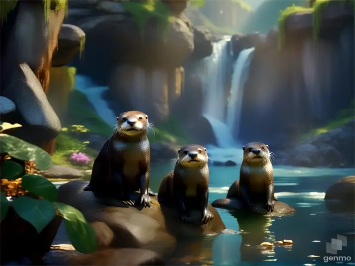 a group of otters sitting on a rock in a river