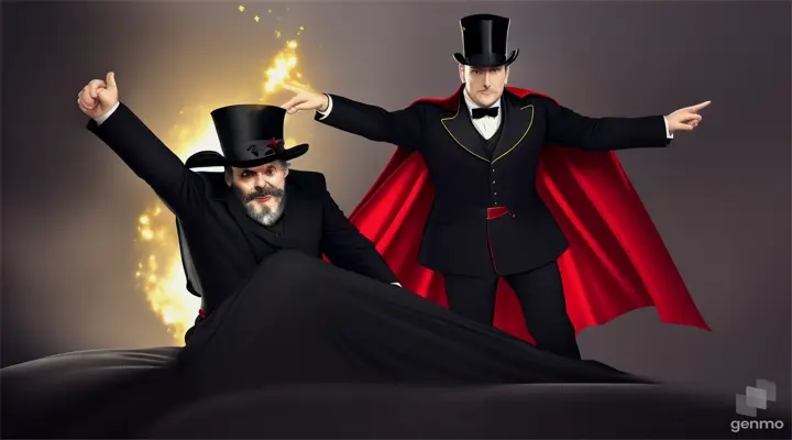 "Draw Exu Tranca Ruas middle aged man with a red and black cape and top hat on his head in an act of protection, wearing a red and black cape and a black carlora emerging from the darkness to save a person from an evil back. In the scene, a person is lying down on a bed, visibly distressed and disturbed by supernatural forces. The backrest, represented as a dark and threatening shadow, hovers over her, casting an aura of fear and oppression. Exu Tranca Ruas stands next to the bed, her imposing figure with her cape red and black he is emanating a protective and determined energy. With one hand outstretched, while with the other he points the shining key towards the backrest. A brilliant, golden light emanates from the key, dissolving the evil shadows and banishing the backrest away .