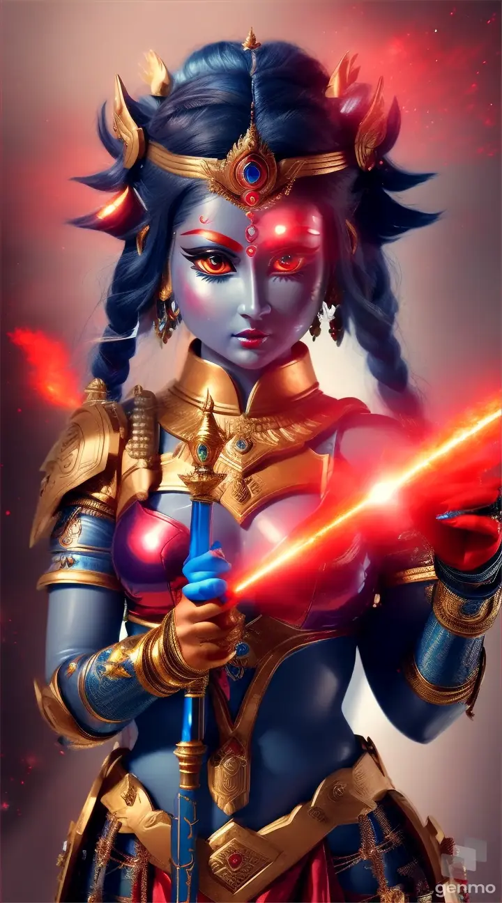 Little kid girl Goddess Maa Durga with blue skin wearing red and golden fully covered up high neck long dress sci fi warrior outfit from head top to toe, with respectful treatment, with a big weapon in hand with big beautiful red round eyes, running towards us through red lighting and red flames, in epic war with a monster, very fast, with anger, beautiful looking, stable diffusion, Alchemy, Animated 3d, disney, masterpiece artwork, perfect features and perfect animations, unique, bright colourful and vibrant, 9:16 ratio
