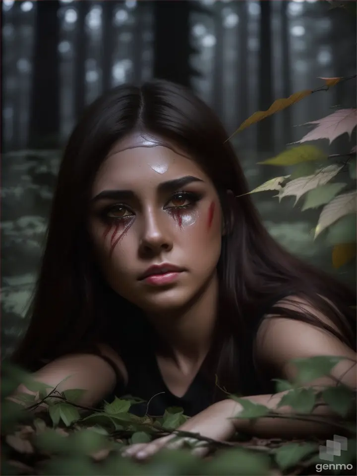 Full HD,`Model: Realism full body scene ,beautiful face details brown hair ,in casual clothes, with a hurt cut on neck fake blood, ,crying shocked face expressions, laying down crawling dynamic fear night scene low light in the woods at dark night