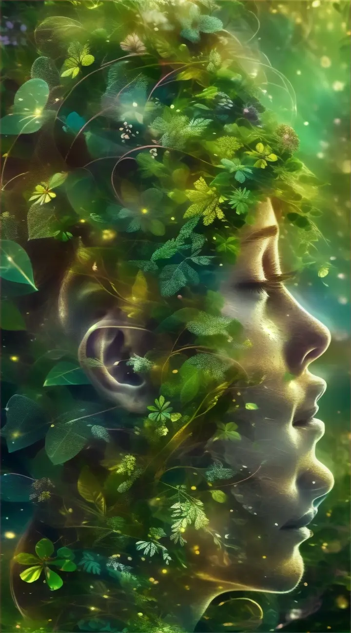 A woman's face surrounded by blooming flowers and vines, conveying the power of natural growth and inner strength