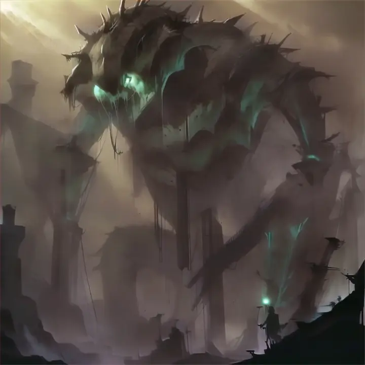 a painting of a giant creature of skeleton with bright eyes in a foggy area